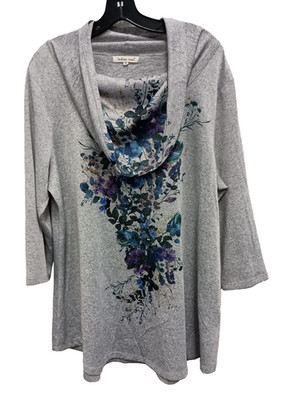 Indigo Soul Wearable Art Tunic Top Womens XL Gray Floral Embellished Cowl Neck
