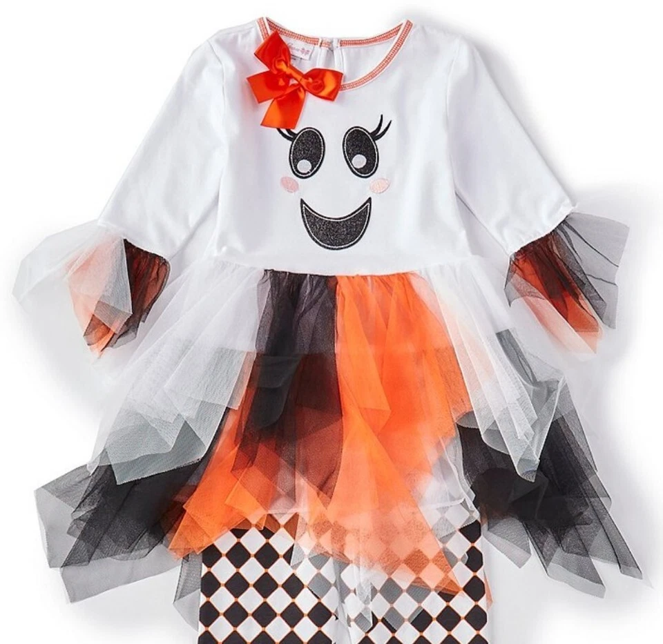 Bonnie Jean Little Girl's Halloween Ghost Tutu Dress & Harlequin Legging Set-6 - Image 2 of 4