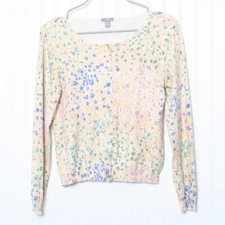 J Jll Biege Long Sleeve Button Crew Neck Floral Cotton Blend Cardigan M