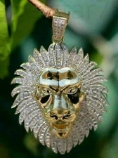 Men's King Lion Head Charm Pendant 3Ct Round Lab Created Diamond 14K Gold Over