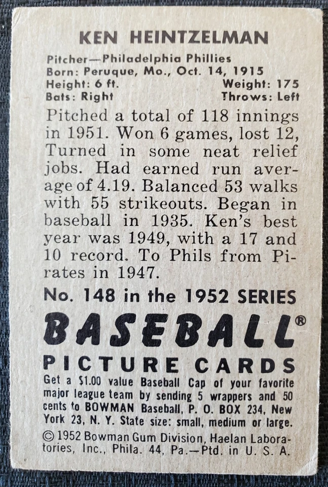 1952 Ken Heintzelman Philadelphia Phillies Bowman MLB Card #148 - Image 2 of 2