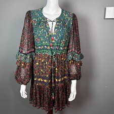 Farm Rio dress XS floral jungle beaded tassel knee length floral long sleeeve