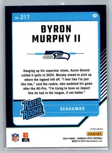 Byron Murphy II Rookie Seahawks Green Hyper 2024 Panini Optic Football - Picture 2 of 2