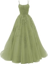 Prom Dress/Evening Gown - Sage Green - Spaghetti Strap Corset - Tulle w/Applique
