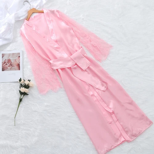Damen Satin Lang Nachthemd Seide Spitze Dessous Nachthemd Nachtwäsche Sexy Morgenmantel - Bild 17 von 30