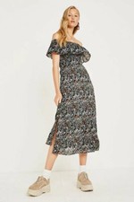 Urban Outfitters Carrie Floral Blue Frill Midi Dress XS 0 Women Casual NEW 21066