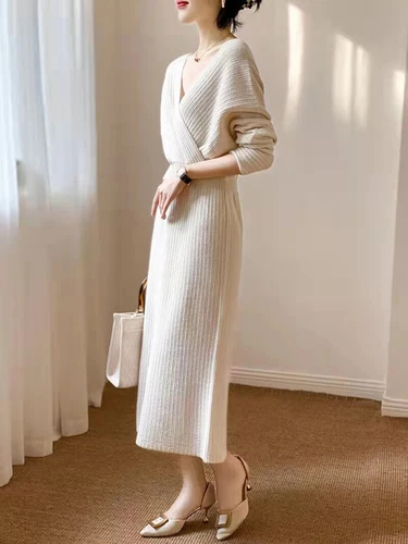 Vestido midi tejido para mujer cuello en V elegante suéter vestidos invierno damas - Imagen 15 de 30