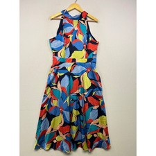 Floral Abstract Tahari ASL Womens 14 Multi Color Halter Neck Satin Midi Dress