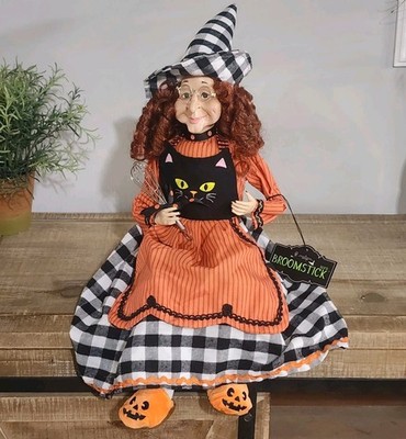 Broomstick Blvd Kitchen Witch Shelf Sitter Orange Black Gingham Cat Whisk Decor