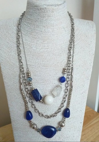 Layered silver tone chain necklace with blue beads