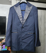 Vintage handtailored Superfine pure wool navy Night Tuxedo jacket blazer 36R 36L