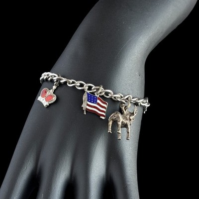 Vintage Sterling Silver Charm Bracelet Flag, Donkey, Crown, Ohio Size 6.5 925