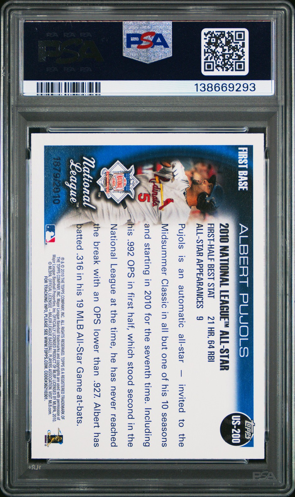 2010 TOPPS UPDATE GOLD #US200 ALBERT PUJOLS 1879/2010 PSA 8 view 2