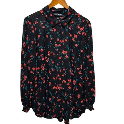 Lane Bryant Womens Boho Blouse 14/16 Black Floral Swiss Dot Sheer Whimsigoth