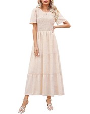 Maggeer 2024 Womens Summer Off-White Floral Short Sleeve Maxi Dress Casual Cute
