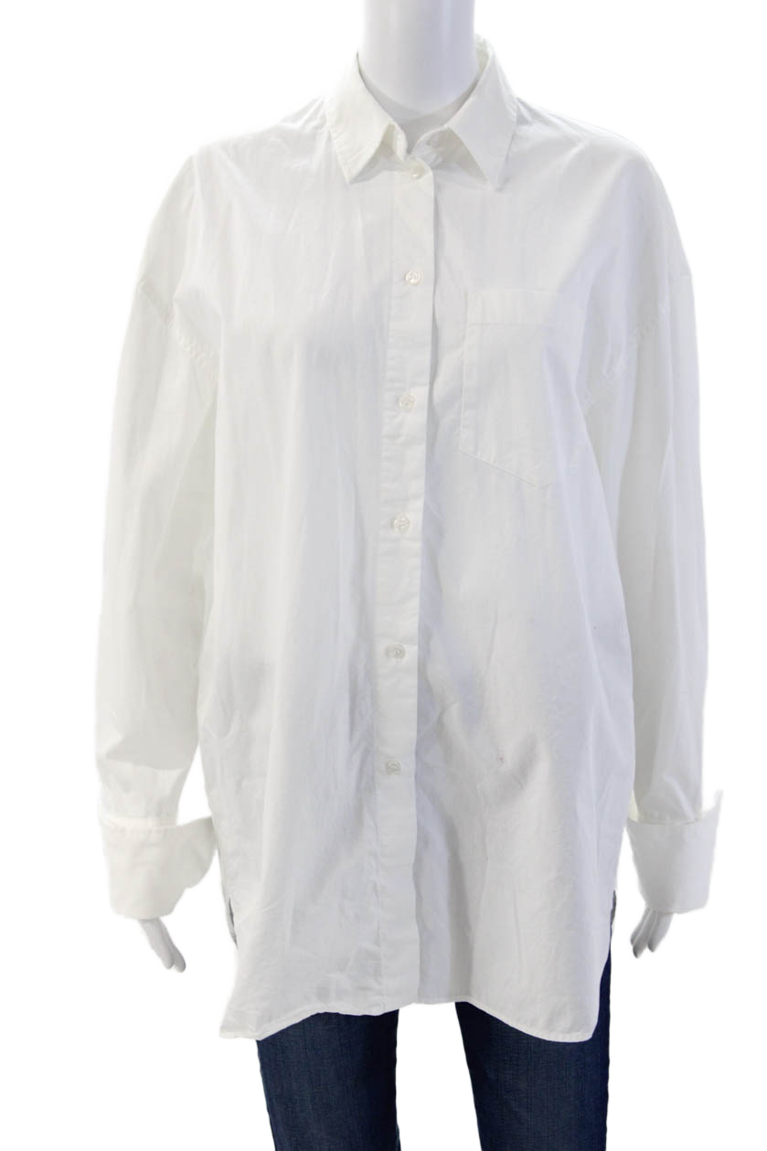 Zara Women Basic Button-Up White Cotton Long Sleeve Collared Shirt Size XS