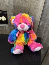 Kellytoy 12" Plush Rainbow Bear Stuffed Hot Pink Bow Heart Embriodery on Paw