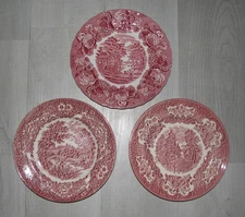 Vintage Red Transferware 3 DESSERT PLATES England Ironstone wall decor landscape