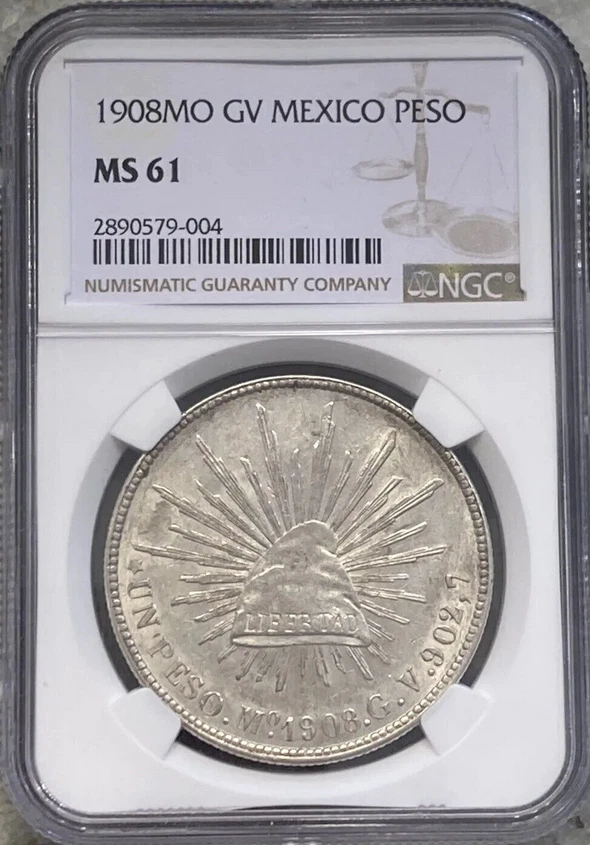 :1908MO GV 1-PESO MEXICO RADIANT CAP NGC MS61 RARITY R6 LOW POP HIGHEST-GRADES - Image 3 of 4
