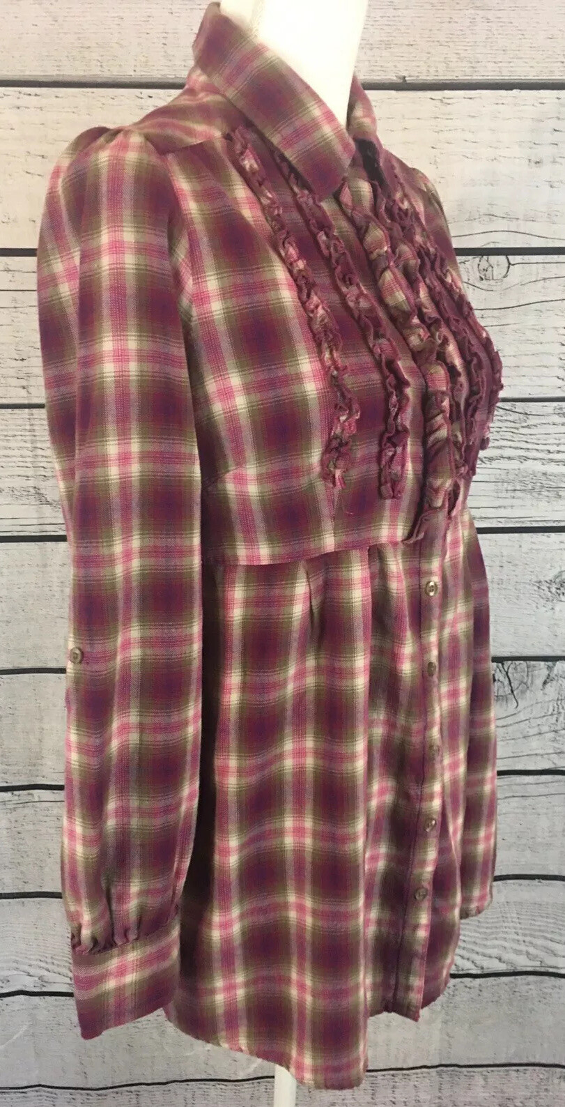 Relativity Plaid Ruffled Button Front Roll Tab Sl… - image 3