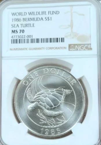 1986 BERMUDA SILVER 1 DOLLAR S$1 SEA TURTLE NGC MS 70 PERFECTION POP 1 FINEST