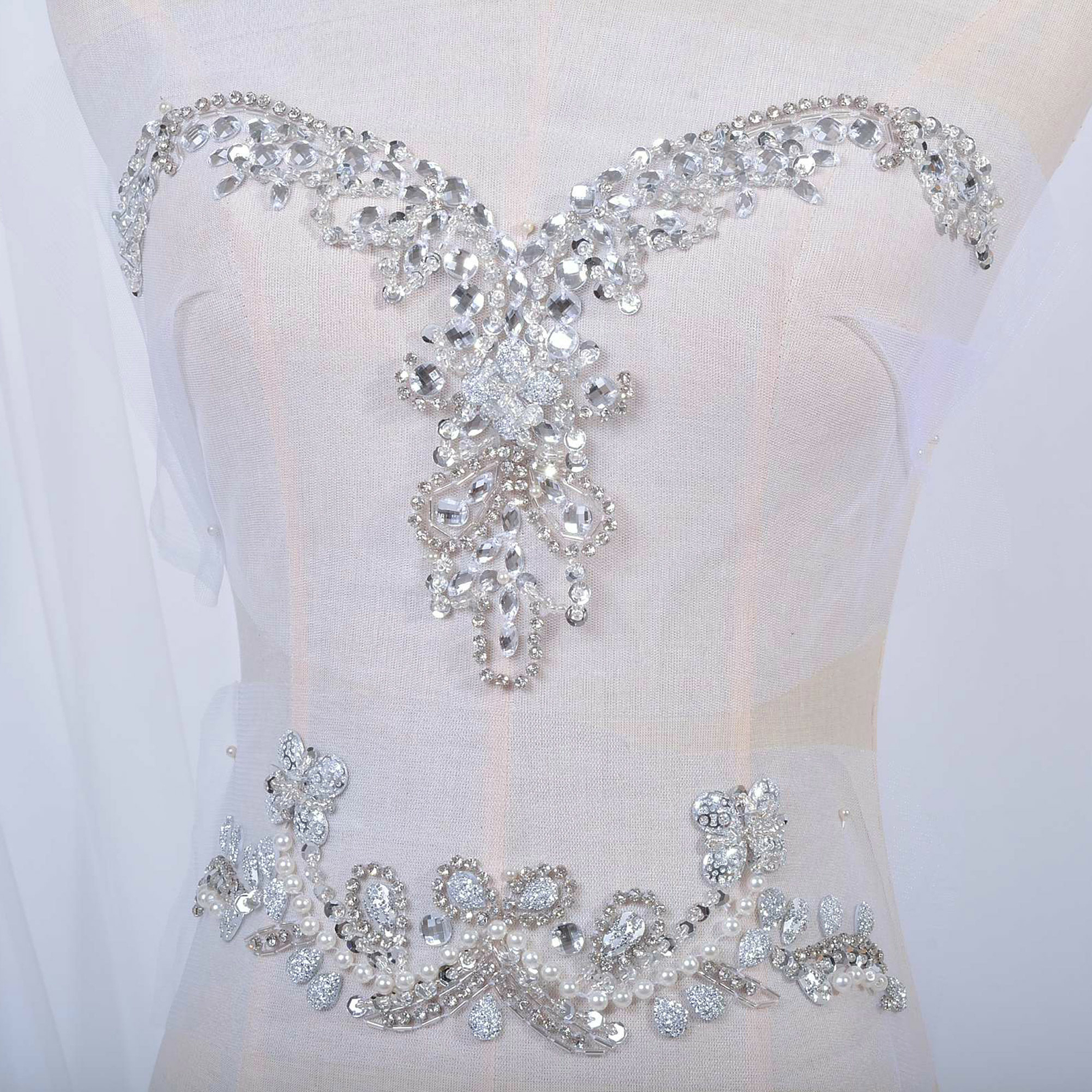 Parche De Bodice Con Cinturón De Rhinestone Y Ribete De Perlas Para Boda