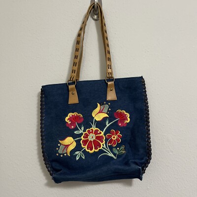 Vintage Denim Embroidered Floral Tote Purse With Leather Straps And Ascents