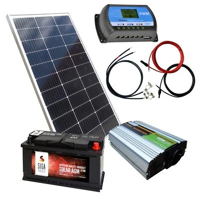 BAU-TECH SOLARENERGIE 100Watt Solar Inselanlage 12V Komplettset Batterie Inverter & Montagematerial