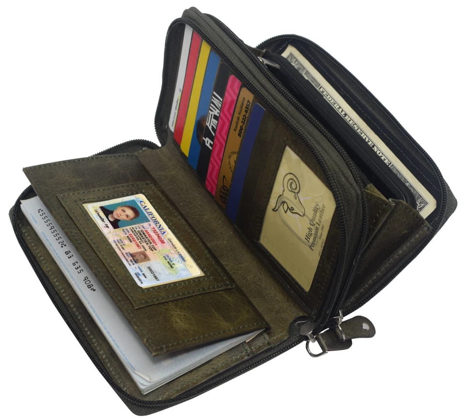 RFID Blocking Genuine Leather Checkbook Secretary Wallet 2 Zipper Card Organizer - Image 3 of 4