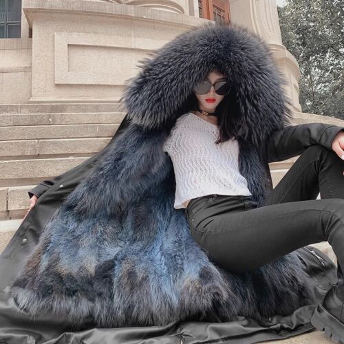 Women Winter Coat Natural Raccoon Fur Collar/Liner Long Parka Warm Thick Jackets - Afbeelding 1 van 40