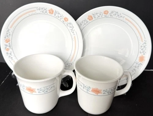 Vintage Corelle Corning Apricot Grove 2 Sets Coffee Tea Mug Cup Bread Plate 4Pc