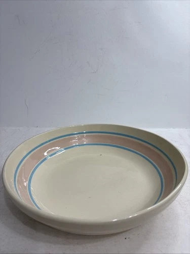 McCoy USA Pottery Bowl 12" Pink Blue Stripe  Pasta Salad fruit Serving Bowl