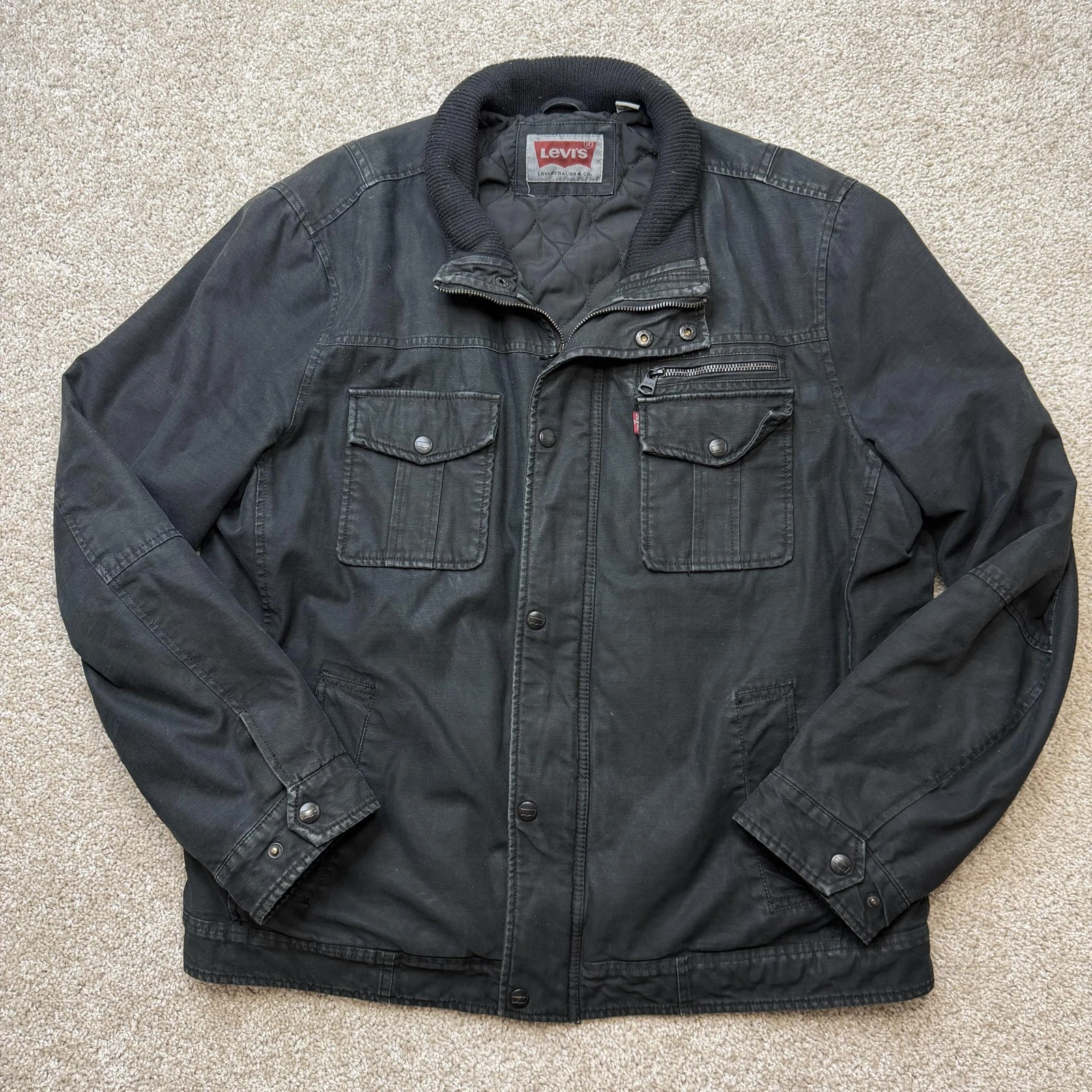 Y2K Levi's Jacket Men Large Black Canvas Military Full Zip Quilted Lined Pockets