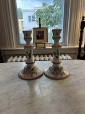 Pierre Deux Floral Ceramic Pair Of Candlesticks Made In France 8”
