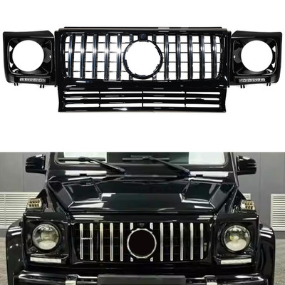 G63 STYLE BLACK FRONT GRILL AND HEAD LAMP COVERS 1986-2017 MERCEDES W463 G-CLASS