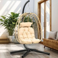 Modern Hanging Egg Chair W/Stand Wicker Swing Indoor Outdoor Patio Cushions