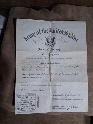 WW2 US Army Soldier Paperwork  Discharge Paper 1944
