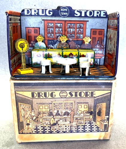 1930's Tin MARX HOME TOWN SERIES - DRUG STORE PHARMACY Diorama with Box