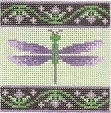 Hand painted needlepoint Dragonfly square 3" 18 mesh