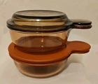 2 Corning Pyrex Vision Amber V150B Grab It Bowls w Glass Lid & Heat'n'Eat Lid