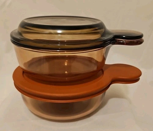 2 Corning Pyrex Vision Amber V150B Grab It Bowls w Glass Lid & Heat'n'Eat Lid