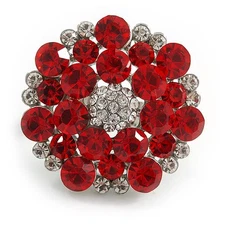 Red/ ClearDiamante Cocktail Ring in Silver Tone - Size 7/8 Adjustable