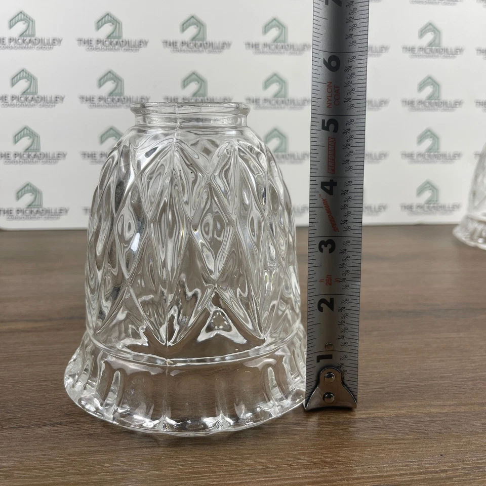 Set of 3 Clear Glass Bell Lamp Shades Diamond Cut Prismatic Texture Vintage - Image 4 of 4