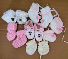 Lot 6 Handmade Crocheted Knitted Baby Booties Lace Bows Pink Flowers 0-3 Newborn