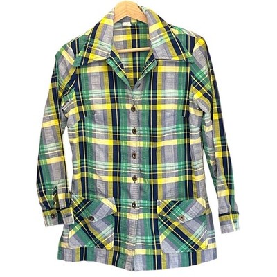 Vintage 70s Plaid Button Down Shirt Retro Mod Disco Style Green Yellow Eclectic