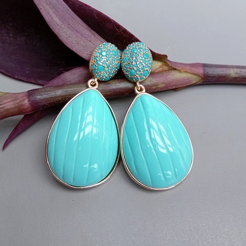 Pendientes colgantes lágrima azul turquesa circonita cúbica pavé joyería de diseñador - Imagen 2 de 5