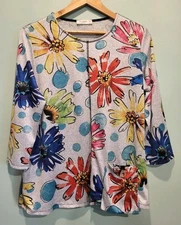 Jess And Jane Arabella Jewel Tone Floral 3/4 Sleeve Tunic Top Pocket Artsy Sz M