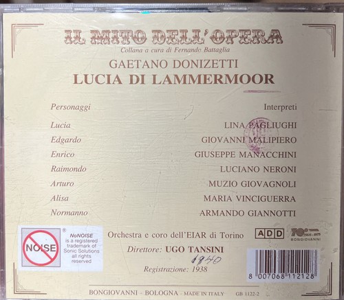 Gaetano Donizetti Lucia Di Lammermoor Pagliughi Malipiero 1995 Bongiovanni CD - Imagen 2 de 10