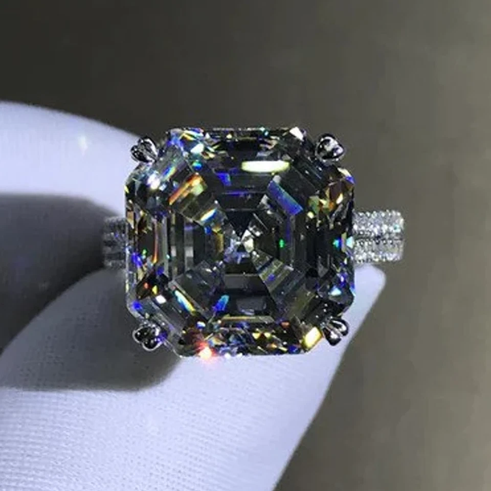 8.00 TCW Asscher Cut Moissanite Pave Set Engagement Ring 14K White Gold Plated - Image 4 of 4