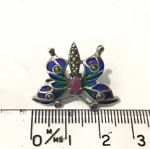 Sterling Silver Blue Plique a Jour Art Deco Ruby Marcasite Butterfly Brooch Pin - Picture 3 of 6